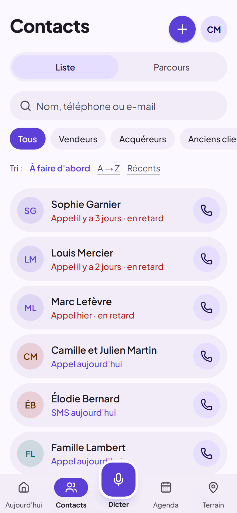 La liste des contacts, à faire d'abord