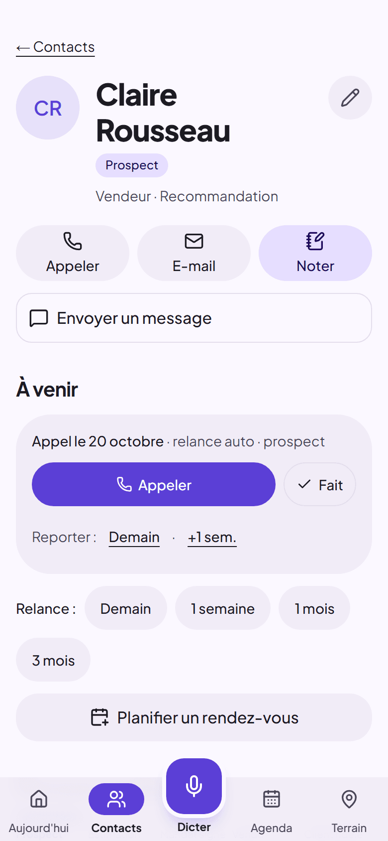 Une fiche contact : ce qui vient, le parcours, l'historique